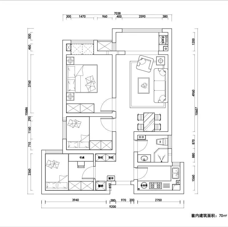 90平小三房户型图